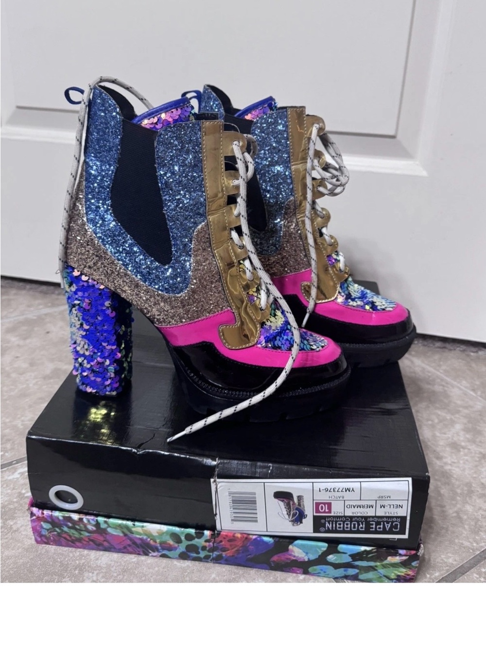 Cape Robbin Pink, Blue & Gold Sequin Platform Ankle Boots